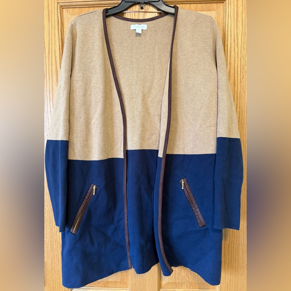 Charter Club Tan and Blue Open Front Cardigan